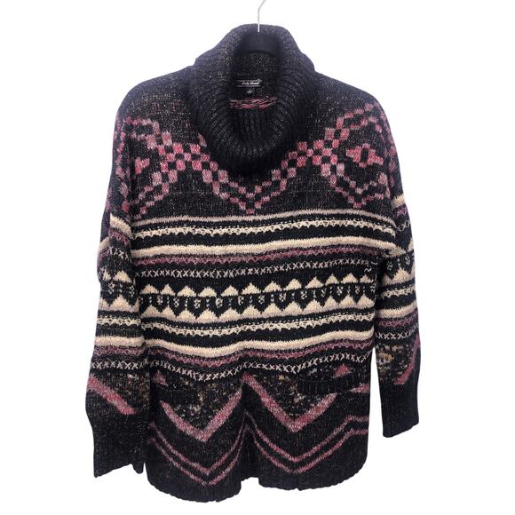 Lucky Brand Cowl Neck Drop Shoulder Geometric Front Pocket Wool Knit Sweater L - Picture 1 of 14